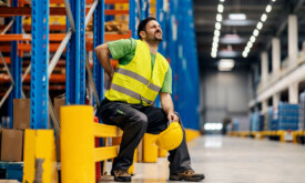 A storage worker in pain having back pain and massage the painful place.