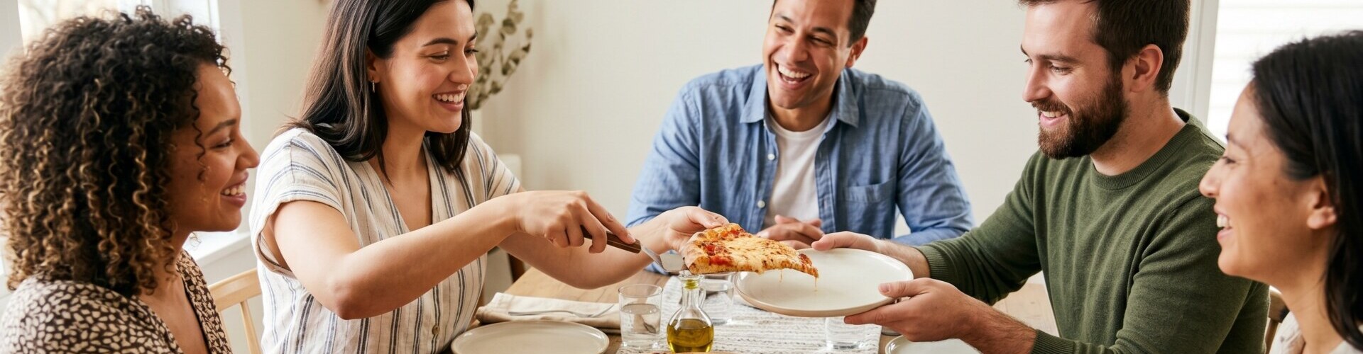Friends sharing pizza at dining table during casual meal at home